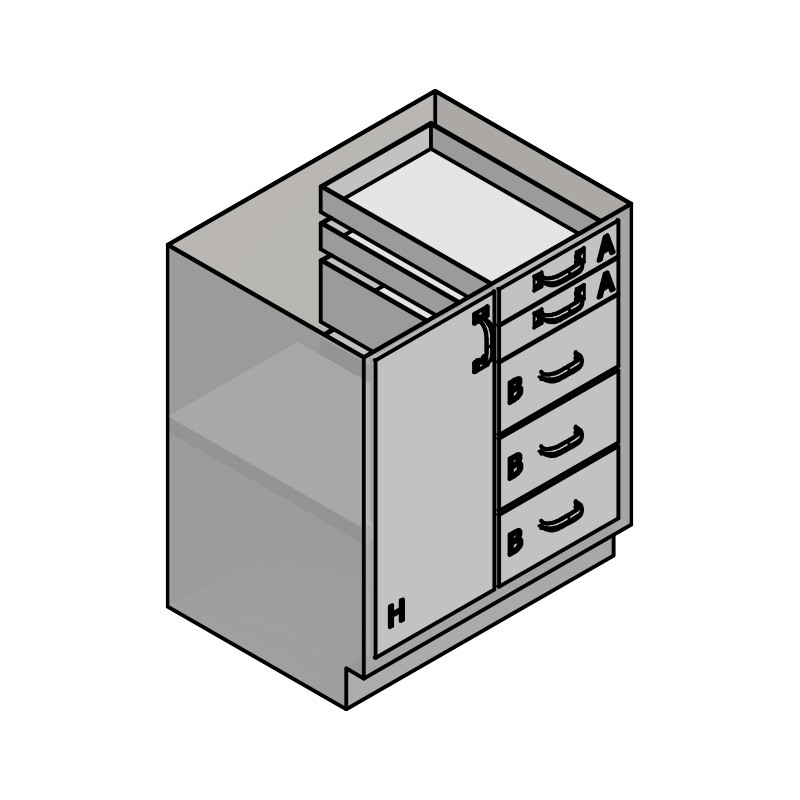 30" Stainless Steel Base Cabinet: 2 Small Drawers, 3 Medium Drawers, Left Door 30" Stainless Steel Base Cabinet: 2 Small Drawers, 3 Medium Drawers, Left Door