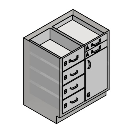 30" Stainless Steel Base Cabinet: 2 Small Drawers, 4 Medium Drawers, Right Door