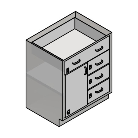 30" Stainless Steel Base Cabinet: 1 Long Medium Drawers, 3 Medium Drawers, Right Door