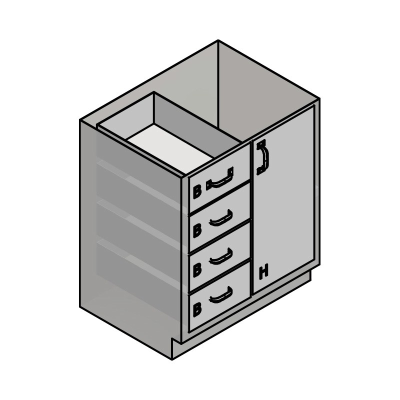 30" Stainless Steel Base Cabinet: 4 Medium Drawers, Left Door