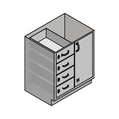 30" Stainless Steel Base Cabinet: 4 Medium Drawers, Right Door