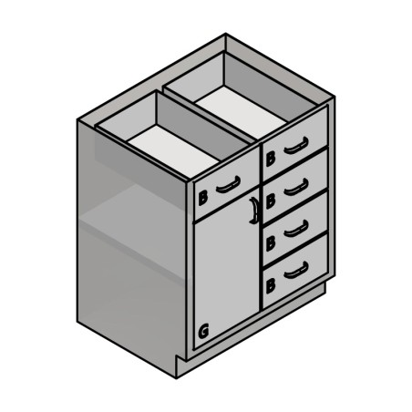30" Stainless Steel Base Cabinet: 5 Medium Drawers, Left Door
